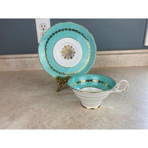 Westbrook Bone China England Aqua With Gold Scrollwork Teacup And Saucer Set
